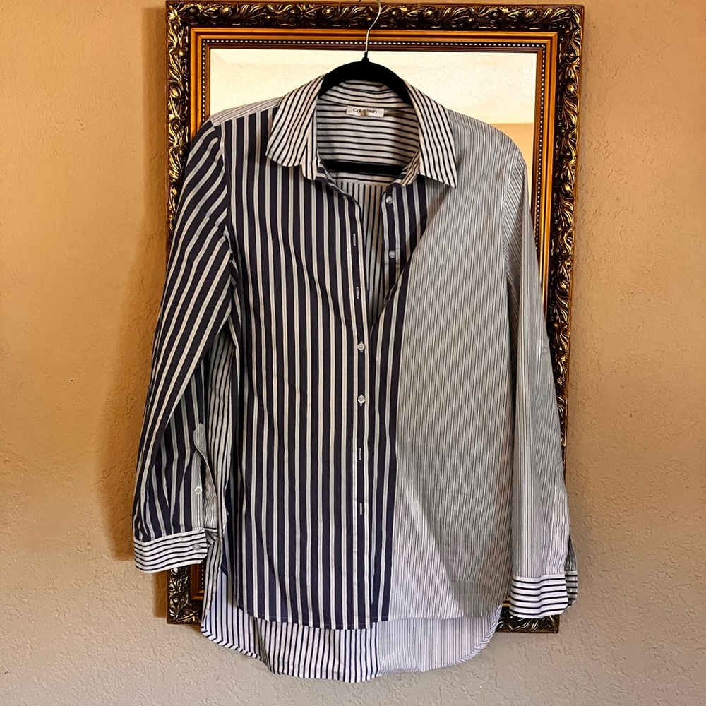 Calvin Klein Navy and White Casual Stripes Button Down